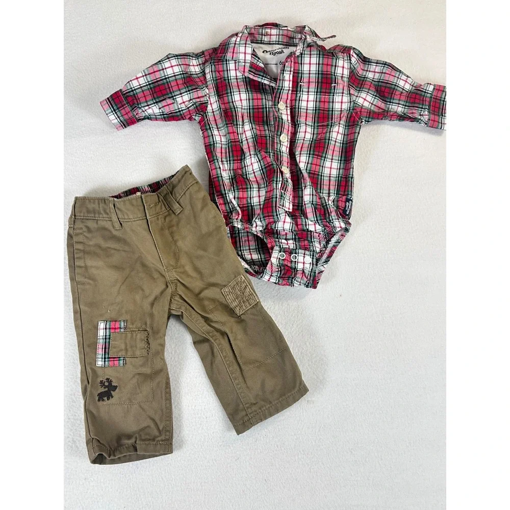 OshKosh Bgosh Baby Boy 6M Plaid Bodysuit and Khaki Cargo Pants Outfit Set Rd Grn
